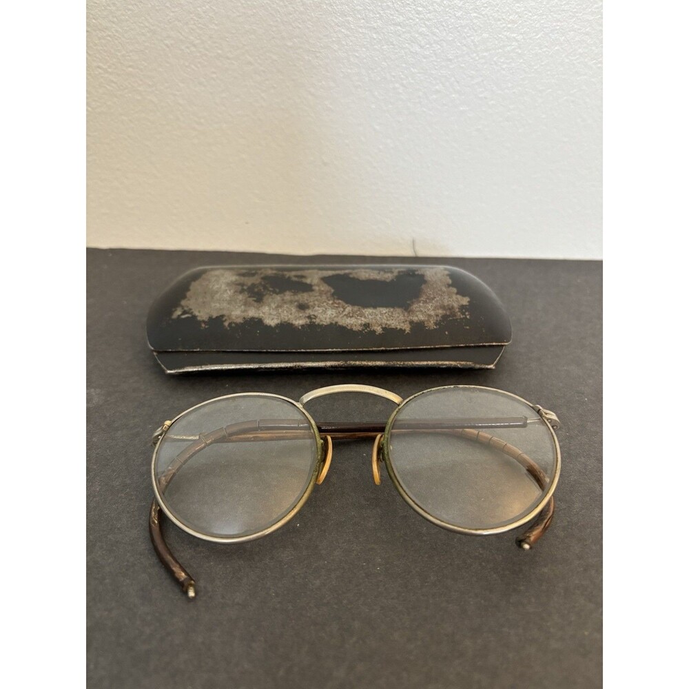 Antique Shuron Round Glasses With Leather Arms-Chipped Steampunk Glasses